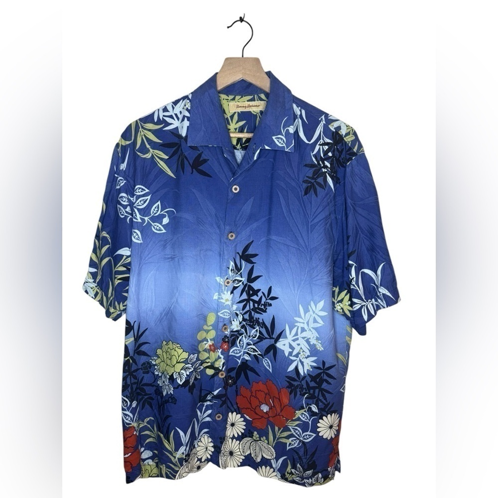 Tommy Bahama Blue Floral Hawaiian Print Silk Camp Shirt Size L